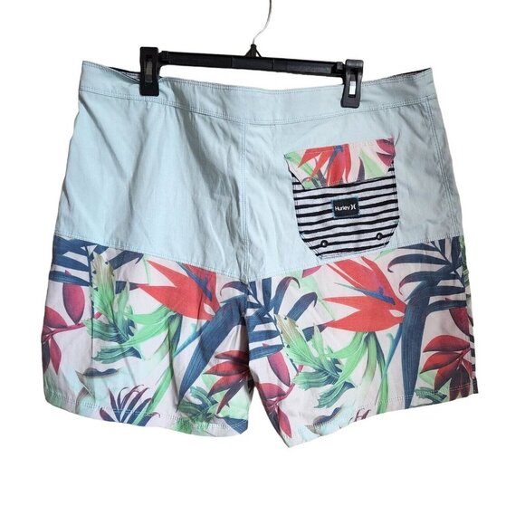 Hurley Men's Board Short‎ Size 36 Blue Multi Leaf Print Tropical Pocket Casual - Picture 2 of 9